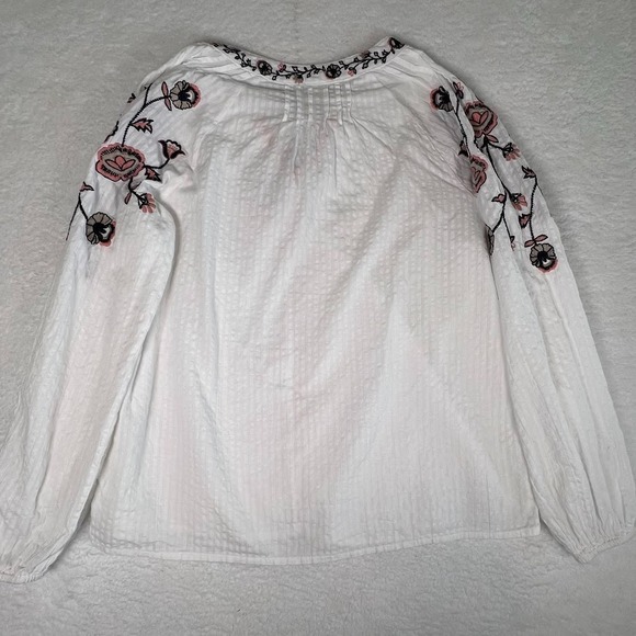 Boho Peasant Blouse New Directions White Cotton Embroidered Tassel Top L - Picture 3 of 10